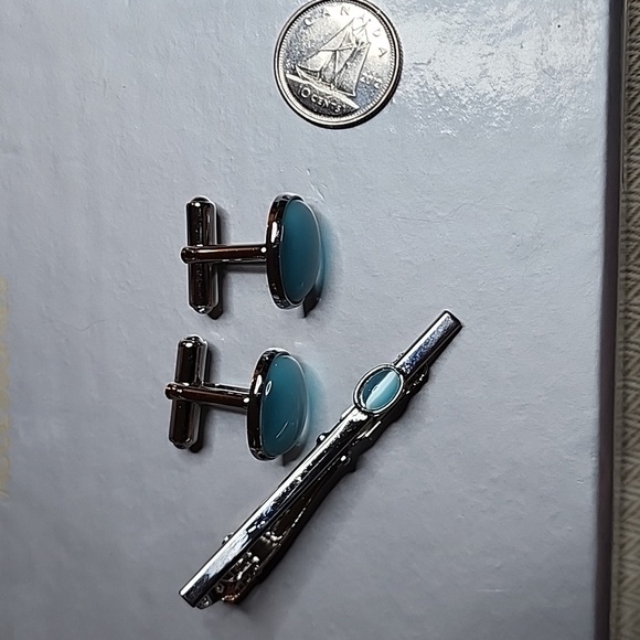 Cufflinks set light blue stone clip-on tie (Unbranded) - Picture 3 of 3